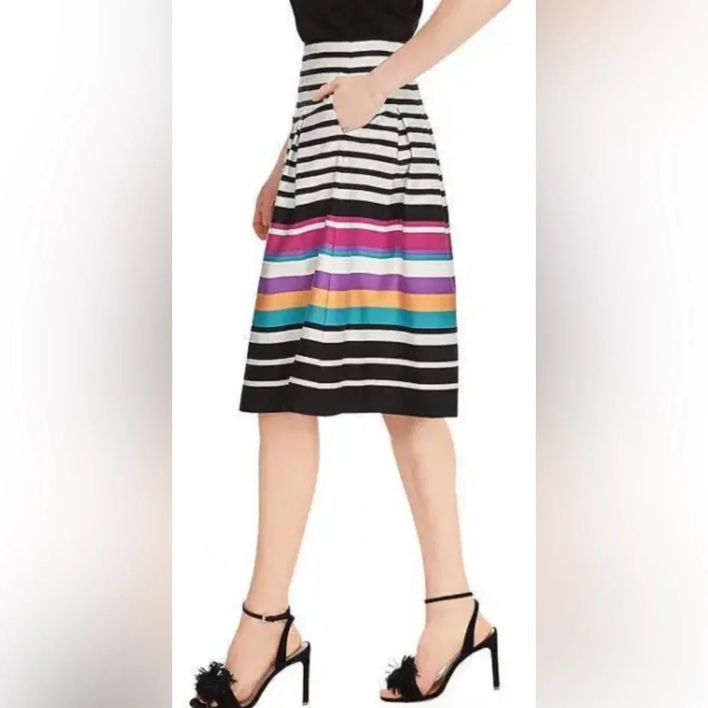 Banana Republic Pleated Skirt Black & White Stripes Bursts To A Rainbow of Color